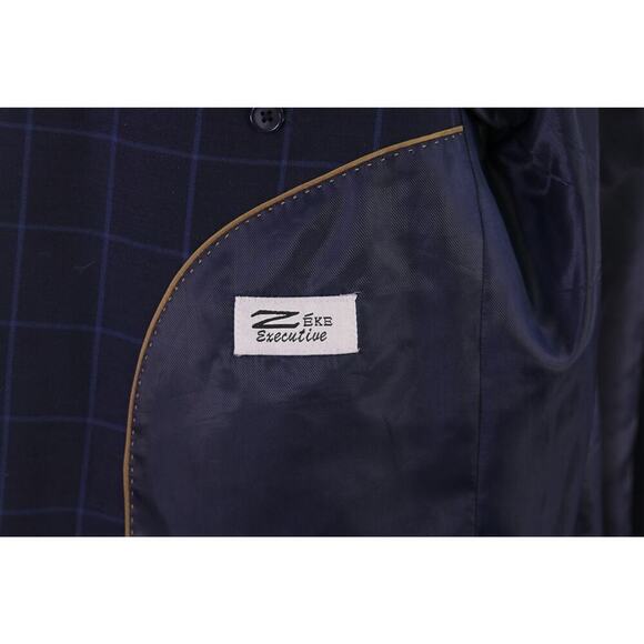 Zeke Executive Navy Blue Windowpane 2-Btn Wool Suit Portly 42S - Picture 8 of 10